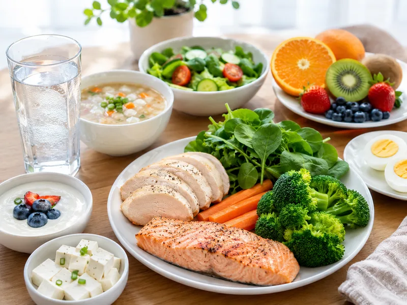 Khẩu phần đủ protein, rau quả và nước giúp duy trì thể trạng trong thời gian điều trị zona.