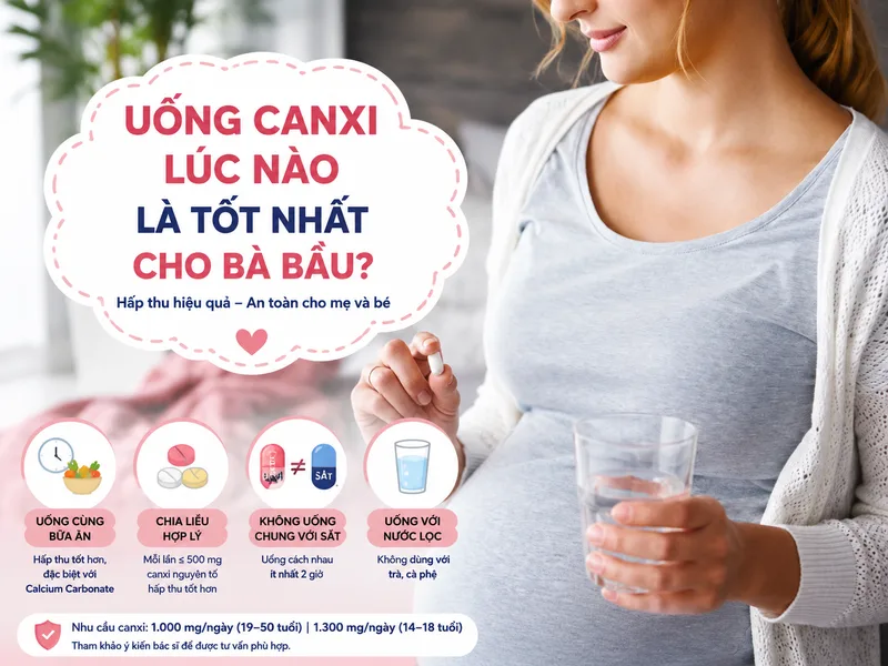Uống canxi lúc nào tốt nhất cho bà bầu phụ thuộc nhiều vào dạng calcium carbonate hay calcium citrate và cách sử dụng của từng sản phẩm.